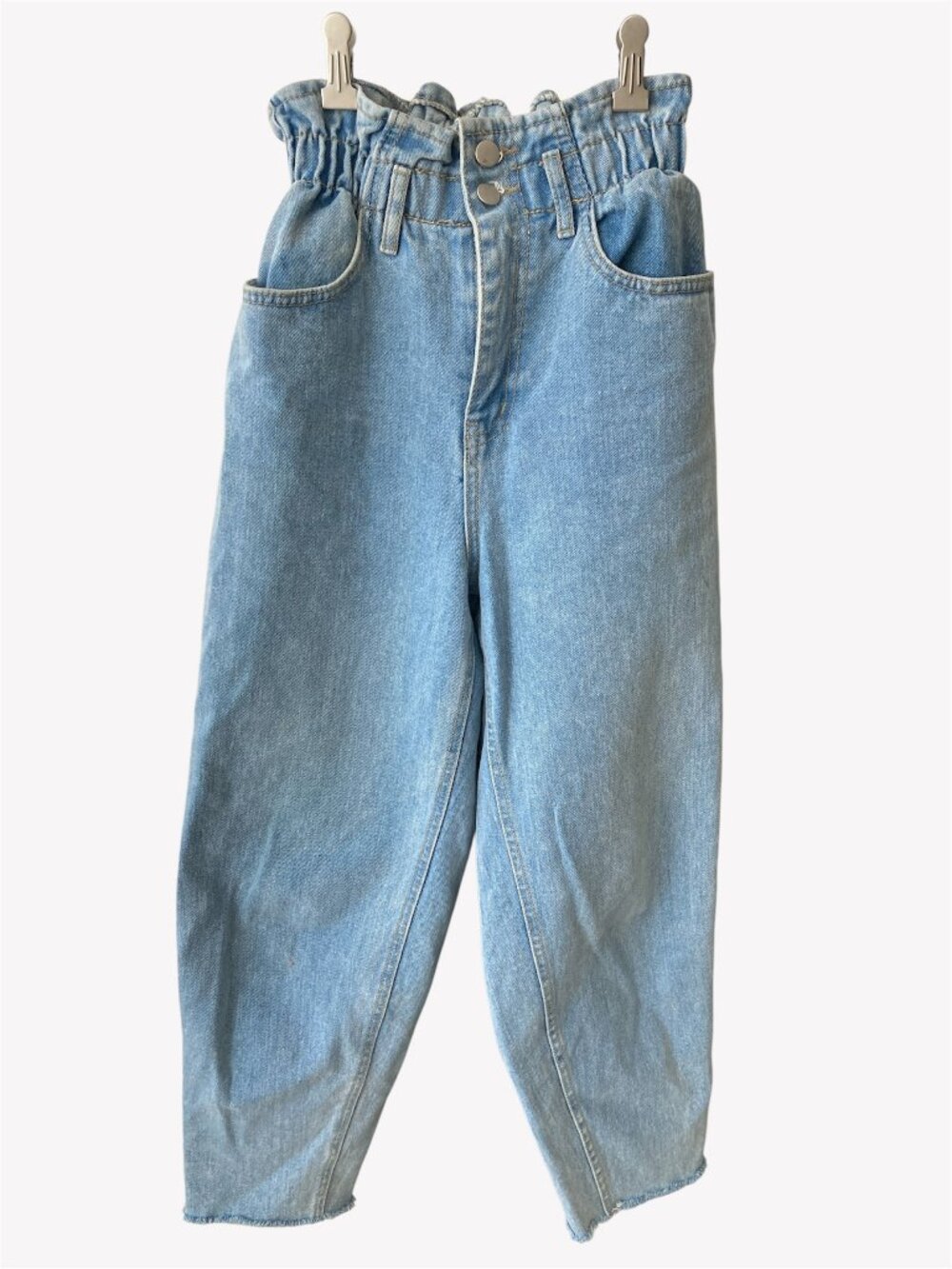 Oak + Fort Small Womens Paperbag Waist Denim Jeans Light Blue Spring Elastic